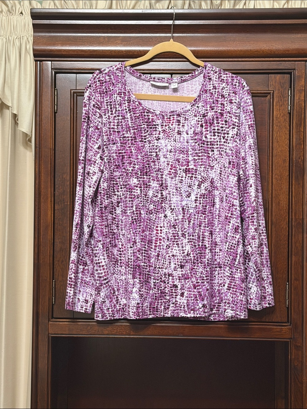 Susan Graver Purple Multi-Print Long Sleeve Scoop Neck Top